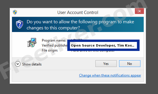 Screenshot where Open Source Developer, Tim Kosse appears as the verified publisher in the UAC dialog